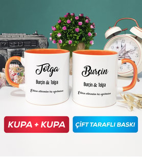 İkili Sevgiliye Hediye İsme Özel Sevgililer Günü Hediyesi Kupa Bardak Turuncu