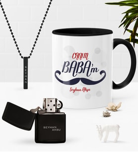 BK Gift Kişiye Özel Canım Babam Siyah Kupa Benzinli Çakmak Kolye Seti-8 (Model 1)