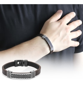 Nokta İşlemeli Kahverengi Kararmaz Metal-Deri Kombinli Erkek Bileklik