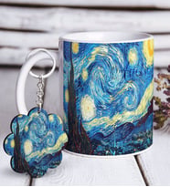 BK Gift Kişiye Özel The Starry Night Vincent Van Gogh Beyaz Kupa ve Anahtarlık Hediye Seti (Model 1)