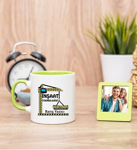 İnşaat Teknolojisi Öğretmeni Yeşil Kupa Bardak ve Yeşil Mini Fotoğraf Çerçevesi