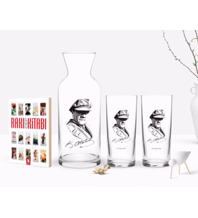 BK Gift Kişiye Özel Renkli Baskılı Atatürk Temalı İkili Rakı Bardağı Karaf ve Cep Kitabı Hediye Seti-17 (Model 1)