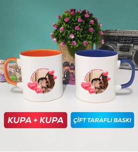 İkili Sevgiliye Sevgililer Günü Hediyesi 8 Kupa Bardak Turuncu Lacivert