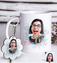 BK Gift Kişiye Özel Bayan Karikatürlü Beyaz Kupa ve Anahtarlık Hediye Seti-50 (Model 1)