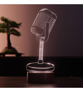 3 Boyutlu Mikrofon Led Masa Lambası Hediye Gece Lambası Ahşap Taban 7 Farklı Işık Renkli