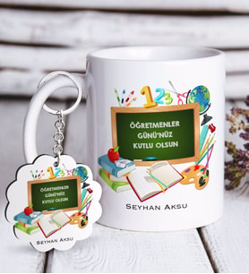 BK Gift Kişiye Özel Öğretmenler Günümüz Kutlu Olsun Beyaz Kupa ve Anahtarlık Hediye Seti-7 (Model 1)