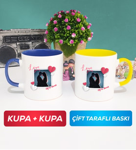 İkili Sevgiliye Sevgililer Günü Hediyesi 7 Kupa Bardak Lacivert Sarı