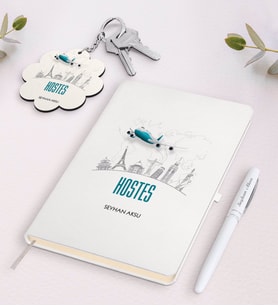 BK Gift Kişiye Özel Hostes Beyaz Defter Kalem Ve Anahtarlık Hediye Seti-1 (Model 1)