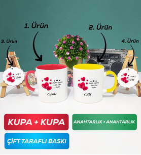 İkili Kırmızı Sarı Sevgililer Günü Hediyesi Kupa Bardak Anahtarlık