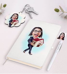 BK Gift Kişiye Özel Kadın Emlakçı Karikatürlü Beyaz Defter Kalem ve Anahtarlık Hediye Seti-1 (Model 1)