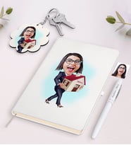 BK Gift Kişiye Özel Kadın Emlakçı Karikatürlü Beyaz Defter Kalem ve Anahtarlık Hediye Seti-1 (Model 1)