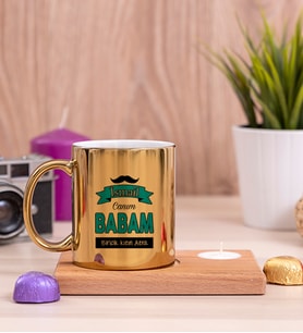 Canım Babam Ahşap Altlıklı Mumlu Gold Kupa Bardak