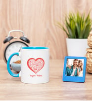 Kişiye Özel Kalpli Mavi Kupa Bardak ve Mavi Mini Fotoğraf Çerçevesi