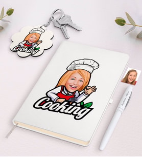 BK Gift Kişiye Özel Kadın Chef Karikatürlü Beyaz Defter Kalem ve Anahtarlık Hediye Seti-14 (Model 1)