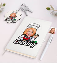 BK Gift Kişiye Özel Kadın Chef Karikatürlü Beyaz Defter Kalem ve Anahtarlık Hediye Seti-14 (Model 1)