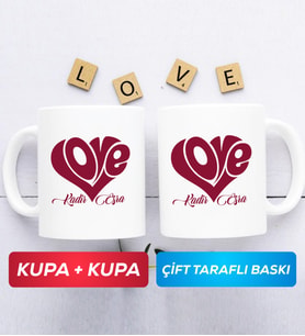 İkili Love Tasarımlı Sevgililer Günü Hediyesi Kupa Bardak Beyaz