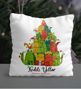Kişiye Özel Kedili Yıllar Tasarımlı Saten Yastık (Beyaz)