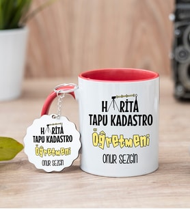 Harita Kadastro Öğretmeni Kırmızı Kupa Bardak Ve Anahtarlık Set