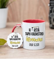Harita Kadastro Öğretmeni Kırmızı Kupa Bardak Ve Anahtarlık Set