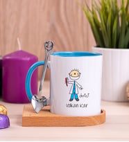 Erkek Diş Hekimi Karikatürü Ahşap Altlıklı Mavi Kupa Bardak