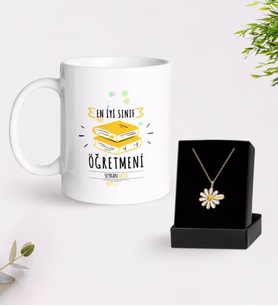 BK Gift Kişiye Özel En İyi Sınıf Öğretmeni Beyaz Kupa ve Papatya Kolye Hediye Seti-6 (Model 1)