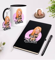 BK Gift Kişiye Özel Kadın Aşçı Karikatürlü Siyah Defter Kalem Kupa ve Anahtarlık Hediye Seti-2 (Model 1)