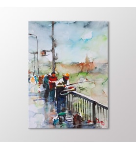 Arty Tablo Suluboya Köprüde Balık Tutanlar Tablo (Karışık)