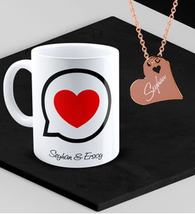 BK Gift Kişiye Özel Sevgililer Temalı Kupa ve Rose Kalp Kolye Set - 80