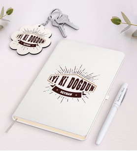 BK Gift Kişiye Özel İyi ki Doğdun Beyaz Defter Kalem ve Anahtarlık Hediye Seti-3 (Model 1)