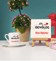 Mesajlı Odyolog Tasarımlı Kişiye Özel Odyolog Türk Kahvesi Fincanı ve Dekoratif Taş Baskı Hediye Seti