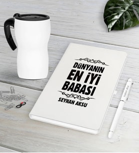 BK Gift Kişiye Özel Dünyanın En İyi Babası Beyaz Defter Kalem Termos Mug Seti-6 (Model 1)
