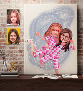 BK Gift Kişiye Özel Kız Kardeşler Karikatürlü Kanvas Tablo 70x100cm -1