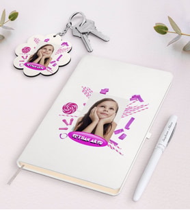 BK Gift Kişiye Özel Fotoğraflı Doğum Günü Beyaz Defter Kalem ve Anahtarlık Hediye Seti-4 (Model 1)