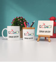 Eczacı Hediye Kupa Bardak Kalemlik ve Dekoratif Taş Baskı Hediye Seti