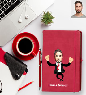 Kişiye Özel Patron Karikatürlü Kırmızı Defter Kalem Hediye Seti Bay-3