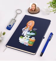 BK Gift Kişiye Özel Kadın Eczacı Karikatürlü Lacivert Defter Kalem 32gb USB Bellek Hediye Seti-2 (Model 1)