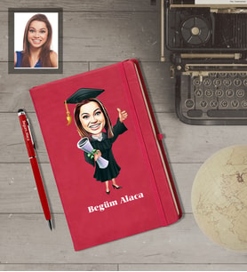 Kişiye Özel Mezuniyet Karikatürlü  Kırmızı Defter Kalem Hediye Seti Bayan-1