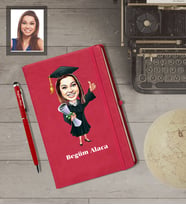 Kişiye Özel Mezuniyet Karikatürlü  Kırmızı Defter Kalem Hediye Seti Bayan-1