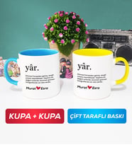 İkili Yâr Sevgililer Günü Hediyesi Kupa Bardak Mavi Sarı