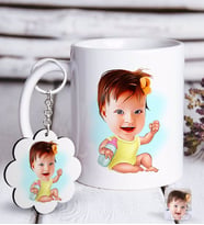 BK Gift Kişiye Özel Bebek Karikatürlü Beyaz Kupa ve Anahtarlık Hediye Seti-1 (Model 1)