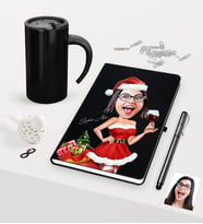 BK Gift Kişiye Özel Yılbaşı Bayan Karikatürlü Siyah Defter Kalem Termos Mug Seti - 2
