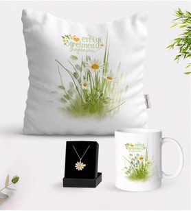 BK Gift Kişiye Özel Papatya Temalı En İyi Öğretmen Beyaz Kupa Yastık ve İsimli Papatya Kolye Hediye Seti-13 (Model 1)