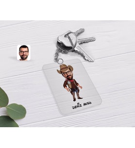 BK Gift Kişiye Özel Kovboy Karikatürlü Şeffaf Pleksi Anahtarlık-1 (Beyaz)