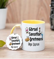 Görsel Sanatlar Öğretmeni Sarı Kupa Bardak Ve Anahtarlık Set