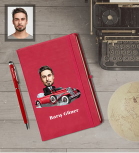 Kişiye Özel İş Adamı Karikatürlü  Kırmızı Defter Kalem Hediye Seti Bay-28