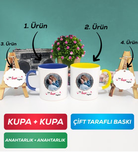 İkili Lacivert Sarı Sevgiliye Sevgililer Günü Hediyesi 11 Kupa Bardak Anahtarlık