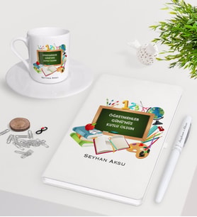 BK Gift Kişiye Özel Öğretmenler Günümüz Kutlu Olsun Beyaz Defter Kalem Türk Kahvesi Fincanı Seti-7 (Model 1)