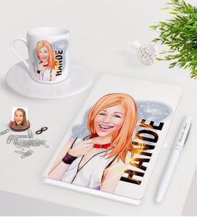 BK Gift Kişiye Özel Bayan Karikatürlü Beyaz Defter Kalem Türk Kahvesi Fincanı Seti-35 (Model 1)