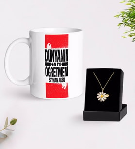 BK Gift Kişiye Özel Dünyanın En İyi Öğretmeni Beyaz Kupa ve Papatya Kolye Hediye Seti-1 (Model 1)
