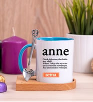 Anne Kelime Anlamı Ahşap Altlıklı Mavi Kupa Bardak